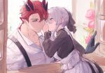  1boy 1girl ao_no_neko apron black_ribbon blue_eyes dragon_boy dragon_horns dress_shirt flower from_side gloves hair_between_eyes hair_bun hair_ribbon highres horns maid maid_apron open_window original pointy_ears profile purple_hair ribbon shirt sketch whispering_in_ear white_shirt window 