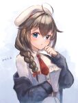  1girl ahoge artist_name belt beret black_jacket blue_eyes blush brown_belt brown_hair collared_dress dress hair_between_eyes hat jacket kantai_collection long_hair long_sleeves necktie parted_lips red_necktie shigure_(kancolle) shigure_kai_ni_(kancolle) signature solo white_dress white_headwear wss_(nicoseiga19993411) 