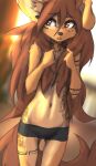  2023 anthro apogee_(tinygaypirate) breasts canid canine canis clothed clothing covering covering_breasts digital_media_(artwork) domestic_dog female female_anthro floppy_ears fur hair hi_res long_hair mammal navel piercing portrait solo spitz tattoo three-quarter_portrait tinygaypirate topless 