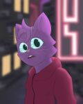  absurd_res alien anthro blue_eyes city city_background clothing felid feline female fur hair hi_res jacket jessie_(kosmokitty) kosmokitty looking_at_viewer mammal purple_body purple_fur purple_hair red_clothing red_jacket red_topwear solo topwear whiskers 