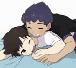  2boys ;d bed_sheet black_shirt blush brown_hair closed_eyes commentary_request eyelashes grin highres hiragana_(maru_kaku) hop_(pokemon) lying lying_on_another male_focus multiple_boys on_stomach one_eye_closed open_mouth pokemon pokemon_(game) pokemon_swsh purple_hair shirt short_hair short_sleeves smile t-shirt tearing_up teeth victor_(pokemon) white_background white_shirt 