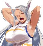  1girl absurdres animal_ears armpits arms_behind_head bare_shoulders bettkan boku_no_hero_academia breasts crescent_print dark-skinned_female dark_skin fur_collar highres large_breasts leotard long_eyelashes long_hair looking_at_viewer mirko one_eye_closed open_mouth parted_bangs rabbit_ears rabbit_girl raised_eyebrow red_eyes smell solo steaming_body sweat taut_leotard tears teeth upper_body white_background white_hair yawning 