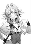  1girl armpits blush commentary_request elf flat_chest goblin_slayer! greyscale high_elf_archer_(goblin_slayer!) highres looking_at_viewer medium_hair monochrome pointy_ears simple_background smile solo tekkai_blade upper_body white_background 