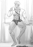  1boy abs archer_(fate) bara bulge chachi_(soulga) cup fate/stay_night fate_(series) full_body greyscale holding holding_cup large_pectorals looking_to_the_side loose_necktie male_focus monochrome mug muscular muscular_male navel navel_hair necktie no_pants open_clothes open_shirt pectorals short_hair solo spread_legs thick_thighs thighs white_hair 