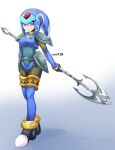  1girl absurdres android armor artist_name axasempai black_gloves blue_eyes blush bodysuit boots breasts cosplay full_body gloves helmet highres holding holding_polearm holding_weapon leviathan_(mega_man) looking_at_viewer mega_man_(series) mega_man_zero_(series) polearm robot robot_girl shoulder_armor smile solo spear the_legend_of_zelda the_legend_of_zelda:_breath_of_the_wild thigh_boots thighhighs weapon 