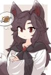  1girl ahoge animal_ears boned_meat brown_hair collarbone crossed_arms fingernails food grey_background highres imaizumi_kagerou long_hair meat simple_background solo spoken_food tail thought_bubble touhou uisu_(noguchipint) upper_body very_long_hair wolf_ears wolf_tail 