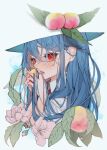  1girl absurdres blue_hair blush food fruit hair_between_eyes highres hinanawi_tenshi holding holding_food holding_fruit long_hair open_mouth peach red_eyes shirt simple_background solo touhou tsune_(tune) white_shirt 