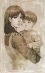  1boy 1girl art_of_neight artist_name carla_yeager carrying child commentary dress english_commentary eren_yeager frown hair_over_shoulder highres male_child mother_and_son shingeki_no_kyojin watermark 