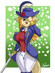  absurd_res anthro big_breasts breasts brown_eyes canid canine canis clothed clothing domestic_dog female flower hair hat headgear headwear hi_res long_hair looking_at_viewer mammal melee_weapon minkmen_(one_piece) musketeer one_piece orange_hair plant reymonrr rose_(flower) simple_background smile solo sword uniform wanda_(one_piece) weapon yellow_body 