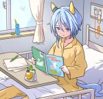  1girl animal_ears bed blue_eyes book closed_mouth collared_shirt curtains ear_covers holding holding_book horse_ears horse_girl horse_tail hospital hospital_bed indoors juice_carton k.s.miracle_(umamusume) long_sleeves oishi_oiru open_book pants paper pencil pillow shirt short_hair sitting smile solo tail umamusume window yellow_pants yellow_shirt 