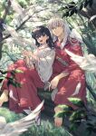  1boy 1girl animal_ears arm_around_waist barefoot bead_necklace beads bird black_hair breasts closed_mouth couple demon_boy dog_boy dog_ears full_body grey_eyes hair_between_eyes hakama hetero highres higurashi_kagome in_tree inuyasha inuyasha_(character) japanese_clothes jewelry long_hair medium_breasts miko motobi_(mtb_umk) necklace open_mouth orange_eyes outdoors red_hakama red_shirt sandals shirt sitting slit_pupils smile socks sunlight tetsusaiga tree twitter_username white_bird white_hair white_shirt white_socks 