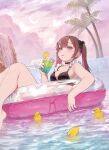  1girl absurdres afloat bikini black_bikini black_bow black_choker blush bow breasts brown_hair choker cleavage cloud colored_inner_hair cup daluto_(hitomi555) disposable_cup drink drinking_straw ear_piercing frilled_bikini frills hair_bow highres holding holding_cup holding_drink innertube long_hair looking_at_viewer mole mole_under_eye multicolored_hair open_mouth original outdoors palm_tree piercing pink_hair pink_nails pool rubber_duck solo swimsuit tree twintails water 