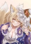  1girl animal_ears blonde_hair blue_bra blush bra breasts cleavage closed_mouth fox_ears fox_tail hat highres large_breasts long_sleeves mob_cap multiple_tails sarasadou_dan short_hair solo tail touhou underwear upper_body white_headwear wide_sleeves yakumo_ran yellow_eyes 