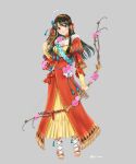  1girl absurdres alternate_costume bow_(weapon) breasts cleavage dress fire_emblem fire_emblem:_the_binding_blade fire_emblem_heroes green_eyes green_hair hairband highres holding holding_bow_(weapon) holding_weapon long_hair looking_at_viewer red_dress red_hairband sandals smile solo sue_(fire_emblem) tsukimura_(d24f4z8j3t) weapon 