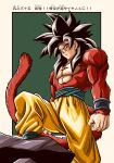  1boy biceps black_hair blue_sash body_fur closed_mouth dragon_ball dragon_ball_gt highres long_hair looking_at_viewer male_focus monkey_boy monkey_tail muscular muscular_male no_nipples opapa246 pants pectorals red_fur saiyan sash smile solo son_goku spiked_hair super_saiyan super_saiyan_4 tail yellow_pants 