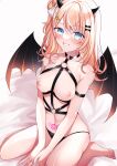  1girl 9juu_haruma absurdres barefoot black_choker black_panties blue_eyes blush bondage_outfit bow breasts choker demon_girl demon_horns demon_tail hair_bow hair_bun highres horns igarashi_rika long_hair looking_at_viewer medium_breasts multicolored_hair navel nijisanji nipples o-ring o-ring_choker orange_hair panties pink_hair pubic_tattoo sitting smile solo streaked_hair string_panties tail tattoo underwear virtual_youtuber wariza white_hair 