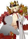  1boy 1girl absurdres ahoge bikini blonde_hair blush braid breasts chalice criss-cross_halter crown dragon_claw dragon_tail elbow_gloves facial_mark fate/grand_order fate_(series) french_braid gloves hair_bun hair_intakes hair_ribbon halterneck highres jikatarou kissing_stomach long_hair nero_claudius_(fate) open_clothes queen_draco_(fate) red_bikini red_eyes red_ribbon ribbon robe scales small_breasts swimsuit tail thighs white_gloves white_robe 