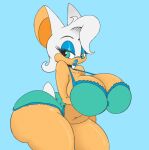  anthro bat bedroom_eyes big_breasts big_butt black_pupils blue_lips bra breasts butt clothing female green_eyes hair huge_breasts huge_butt lips mammal narrowed_eyes neom-daddy panties pupils rouge_the_bat seductive sega solo sonic_the_hedgehog_(series) tan_body thick_thighs underwear white_hair 