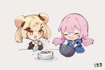  2girls arknights blonde_hair blue_jacket blue_poison_(arknights) blush brown_jacket cake candy_hair_ornament chibi closed_eyes collared_shirt commentary cooking cropped_torso dailybloopy double_bun english_commentary floating_hair food food-themed_hair_ornament grey_background gummy_(arknights) hair_between_eyes hair_bun hair_ornament hairclip hood hooded_jacket jacket long_hair long_sleeves low_twintails mixing_bowl multiple_girls open_mouth orange_eyes pink_hair shirt short_hair simple_background smile twintails upper_body white_shirt 