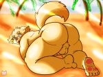  anthro balls beach big_butt butt canid canine canis chubby_male cu_sith_(tas) digital_media_(artwork) domestic_dog genitals hi_res kemono lifewonders male mammal nude outside paws penis red_panda_mirr seaside solo tail tokyo_afterschool_summoners 