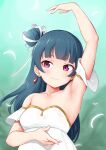  1girl aqua_background arm_up armpits artist_name bare_shoulders black_hair blunt_bangs blurry blurry_background blush breasts closed_mouth collarbone commentary detached_sleeves dress earrings falling_petals fingernails genjitsu_no_yohane glint gradient_background hair_bun hair_ribbon hand_up highres jewelry long_hair looking_at_viewer love_live! love_live!_sunshine!! medium_breasts petals purple_eyes ribbon see-through short_sleeves signature single_side_bun smile solo strapless strapless_dress sweat tsushima_yoshiko unsfrau upper_body wet wet_clothes wet_dress white_dress white_ribbon 