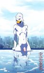  anatid anseriform anthro athletic athletic_anthro athletic_male avian balls barely_visible_balls barely_visible_genitalia beak bird blue_lips city cityscape cloud duck ducky_(aducksomewhere) flaccid genitals girly hair hi_res jijis-waifus lips looking_at_viewer male navel nude outside penis reflection sky solo water white_body white_hair yellow_eyes 