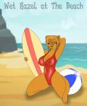  anthro ball beach_ball big_breasts breasts camel_toe clothing eyewear felid female foxtide888 glasses hair hazel_weiss inflatable kneeling librarian lion looking_at_viewer mammal mature_female nipple_outline open_mouth pantherine solo surfboard swimwear wet wet_body wet_hair 