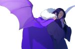  1boy bat_wings black_hair cape cowboy_shot dragon_wings facial_mark forehead_mark from_side fur-trimmed_cape fur_trim furrowed_brow hair_strand hair_tubes hands_up highres japanese_clothes kimono layered_sleeves long_sleeves looking_away looking_back male_focus nanahyaku_torako original purple_cape purple_eyes purple_hair purple_kimono purple_wings sash sideways_glance simple_background solo spread_wings transparent_wings white_background wide_sleeves wings worried 