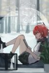  1girl absurdres arknights black_footwear black_jacket commentary exusiai_(arknights) full_body highres holding jacket knees_up pen_in_mouth plant potted_plant raglan_sleeves red_hair shijiubashuazi short_hair short_sleeves sitting solo vase white_jacket yellow_eyes 