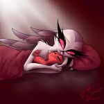  anthro avian bed bird duo feathers female furniture helluva_boss hi_res humanoid imp lincoyote male male/female moxxie_(helluva_boss) owl owl_demon red_body red_skin stella_(helluva_boss) white_body white_feathers 