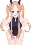  1girl abigail_williams_(fate) absurdres black_leotard blonde_hair blue_eyes blush breasts chain collar collarbone covered_navel fate/grand_order fate_(series) forehead highleg highleg_leotard highres jilu leaning_forward leotard long_hair looking_at_viewer open_mouth parted_bangs sidelocks small_breasts smile solo twintails 