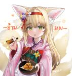  1girl animal_ear_fluff animal_ears anthea_(neris_45) apron arknights artist_name blonde_hair blush chopsticks commentary_request flower food_request fox_ears fox_girl fox_tail frilled_apron frills green_eyes hair_flower hair_ornament hairband highres holding holding_chopsticks holding_plate japanese_clothes kimono kitsune kyuubi long_hair long_sleeves looking_at_viewer multiple_tails obi official_alternate_costume open_mouth pink_kimono pinwheel plate red_hairband sash signature solo suzuran_(arknights) suzuran_(yukibare)_(arknights) tail thai_commentary thai_text translation_request upper_body waist_apron white_apron wide_sleeves 