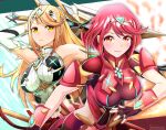  2girls aegis_sword_(xenoblade) backless_outfit bare_shoulders blonde_hair bob_cut breasts chest_jewel elbow_gloves fingerless_gloves gloves large_breasts legwear_under_shorts long_hair micro_shorts microskirt miniskirt multiple_girls mythra_(massive_melee)_(xenoblade) mythra_(xenoblade) pantyhose pantyhose_under_shorts pyra_(xenoblade) red_eyes red_hair red_shorts short_hair short_shorts short_sleeves shorts skirt sleeveless super_smash_bros. swept_bangs tiara torinosukei upper_body very_long_hair white_skirt xenoblade_chronicles_(series) xenoblade_chronicles_2 yellow_eyes 