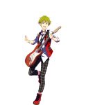  1boy akiyama_hayato bracelet collared_shirt electric_guitar full_body green_hair guitar hair_between_eyes highres holding holding_instrument idolmaster idolmaster_side-m instrument jewelry looking_at_viewer male_focus official_art open_mouth red_footwear shirt shoes smile teeth transparent_background upper_teeth_only 