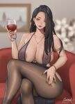  1girl armlet bare_shoulders black_hair black_pantyhose bracelet breasts brown_eyes cleavage crossed_legs cup dress drinking_glass earrings highres holding holding_cup jewelry large_breasts long_hair looking_at_viewer mature_female mole mole_under_mouth necklace nipples ono_itaru original pantyhose red_nails revealing_clothes see-through sitting smile solo wine_glass 