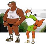  anthro bear belly bottomwear bulge canid canine clothing crop_top duo footwear fox hand_holding hat headgear headwear hi_res hunter-husky little_john male male/male mammal muscular muscular_male polo_shirt raised_tail robin_hood shirt shoes shorts smile socks speedo swimwear tail topwear 