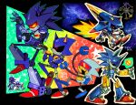  5boys 9474s0ul animal_ears arm_up character_request commentary english_commentary full_body hands_up highres leg_up male_focus mecha_sonic metal_sonic multiple_boys multiple_persona open_mouth red_eyes reference_inset robot sonic_(series) sonic_the_hedgehog_(classic) spoken_no_symbol standing standing_on_one_leg star_(symbol) yotsubato!_pose 