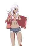  1girl bikini blue_eyes breasts cleavage closed_mouth cowboy_shot dark-skinned_female dark_skin elma_(xenoblade_x) jacket kageyasu medium_breasts navel open_clothes open_jacket pink_bikini red_jacket short_shorts shorts simple_background solo stomach swimsuit white_background white_hair xenoblade_chronicles_(series) xenoblade_chronicles_x 