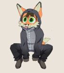 2023 anthro barefoot blep canid canine cheek_tuft clothed clothing digital_media_(artwork) dipstick_ears facial_tuft feet fox fully_clothed fur green_eyes hi_res mammal mangoyena multicolored_ears orange_body orange_fur simple_background solo tongue tongue_out tuft 