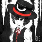  1other androgynous birthday black_coat black_eyes black_hair black_headwear bow bowtie closed_mouth coat collared_shirt commentary dated enraku_tsubakura eye_of_senri eye_on_hat hat hat_ribbon highres ink len&#039;en light_smile long_sleeves monochrome monochrome_background red_bow red_bowtie red_ribbon red_theme ribbon ribbon-trimmed_coat shirt short_hair sleeveless_coat spot_color top_hat upper_body white_shirt yuejiao_tuan 