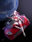  1girl boots breasts car cleavage clothing_cutout convertible earth_(planet) gloves grey_eyes grey_hair hi_fumiyo highres leotard long_hair looking_at_viewer medium_breasts motor_vehicle open_hand open_mouth original personification planet red_gloves red_leotard red_thighhighs signature space sports_car star_(sky) stomach_cutout tesla_(company) tesla_roadster thighhighs vehicle_and_personification very_long_hair white_footwear 