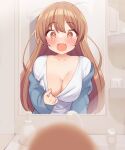  1girl bathroom blush breasts brown_eyes brown_hair cleavage clothes_pull collarbone commentary_request fang female_pov genderswap genderswap_(mtf) ignite78 large_breasts long_hair looking_at_mirror looking_at_viewer messy_hair mirror open_mouth original pov pulled_by_self shirt_pull sink soap_bottle solo surprised upper_body 