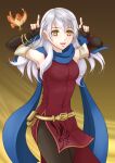  1girl armpits arms_up bangle bare_shoulders belt bird black_gloves black_leggings blue_scarf bracelet dress elbow_gloves febakkari fingerless_gloves fire_emblem fire_emblem:_radiant_dawn gloves gradient_background grey_hair hair_ribbon half_updo highres index_finger_raised jewelry leggings long_hair micaiah_(fire_emblem) ribbon scarf side_slit simple_background sleeveless sleeveless_dress smile solo yellow_eyes yune_(fire_emblem) 