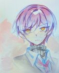  1boy black_jacket black_sweater closed_mouth collared_shirt colored_pencil_(medium) highres jacket lobotomy_corporation looking_at_viewer necktie painting_(medium) portrait project_moon purple_hair purple_necktie ribbed_sweater sakiaoba shirt solo sweater traditional_media turtleneck turtleneck_sweater watercolor_(medium) white_shirt yellow_eyes yesod_(project_moon) 