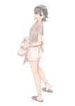 1girl apron black_hair brown_eyes full_body goshiki_suzu grey_shirt highres holding looking_at_viewer open_mouth original paw_print red_apron shirt short_sleeves shorts simple_background slippers socks solo standing white_background white_shorts white_socks wrapped_bento 