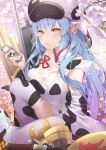  1girl animal_ears animal_print blue_hair bottle breasts catura_(granblue_fantasy) cherry_blossoms cleavage cow_ears cow_print earrings fantasy granblue_fantasy hat highres jewelry large_breasts long_hair looking_at_viewer milk_bottle multicolored_hair open_mouth purple_hair scal2let sitting thighhighs yellow_eyes 