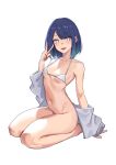  1girl :d absurdres aqua_eyes arm_support bikini blue_hair bottomless breasts collarbone full_body gradient_eyes gradient_hair halterneck hand_up highres kurokawa_akane medium_hair micro_bikini miuna_(498475051) multicolored_eyes multicolored_hair navel open_mouth oshi_no_ko purple_eyes seiza simple_background sitting small_breasts smile solo star-shaped_pupils star_(symbol) stomach string_bikini swimsuit symbol-shaped_pupils teeth v white_background white_bikini 