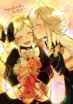  1boy 1girl blonde_hair bouquet corrin_(fire_emblem) corrin_(male)_(fire_emblem) couple donkuma_kakusei elise_(fire_emblem) facing_viewer fire_emblem fire_emblem_fates holding holding_bouquet open_mouth sidelocks teeth upper_body upper_teeth_only 