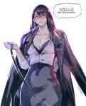  1girl alternate_costume black_bra black_skirt bra breasts cleavage closed_mouth collarbone dress_shirt glasses grey_shirt hand_on_own_hip hand_up highres holding holding_leash jacket jacket_on_shoulders kamishiro_rize large_breasts leash long_hair open_clothes open_jacket red_eyes shirt simple_background skirt smiel smile solo tokyo_ghoul underwear white_background yourfreakyneighbourh 