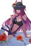  1girl bare_shoulders black_headwear blue_one-piece_swimsuit breasts cleavage clothing_cutout dress dress_swimsuit fire_emblem fire_emblem_engage fire_emblem_heroes flower hat highres ivy_(fire_emblem) ivy_(summer)_(fire_emblem) large_breasts long_hair looking_at_viewer mole mole_under_mouth navel official_alternate_costume one-piece_swimsuit purple_eyes purple_hair see-through_headwear solo stomach stomach_cutout swimsuit yuurururun 